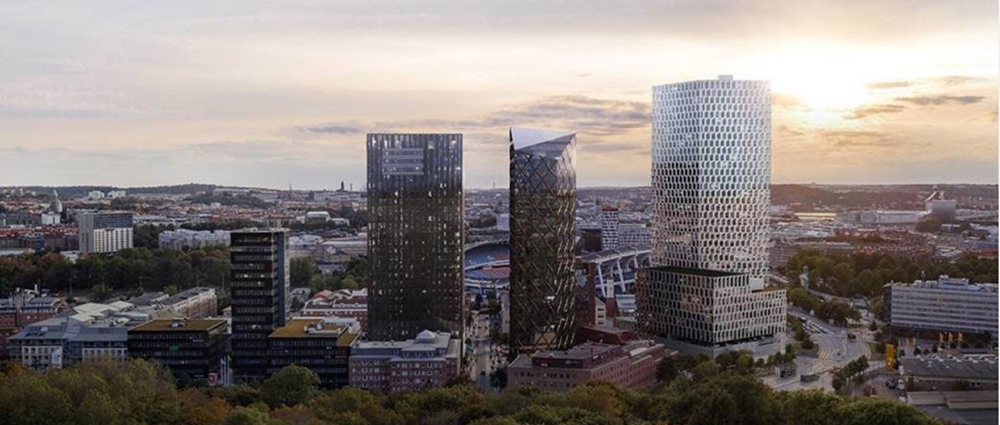 Platzers huvudkontor i Göteborg fotograferat från marken.